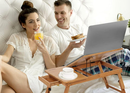 Bamboo Laptop Desk Adjustable Bed Tray with Drawer Cup Slot and Vent Ejoyous