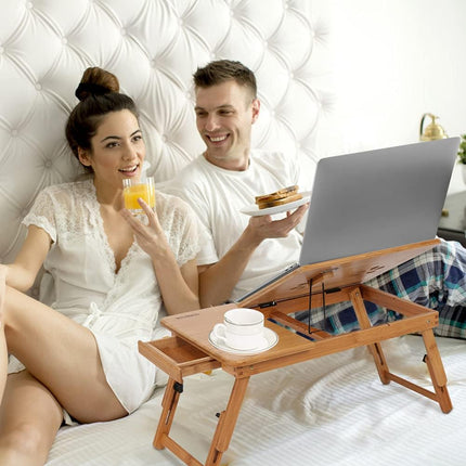 Bamboo Laptop Desk Adjustable Bed Tray with Drawer Cup Slot and Vent Ejoyous