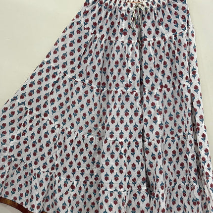 Blackfever White Floral Printed Tiered Cotton Maxi Skirt – Boho Free Size with Gold Border – Free Size