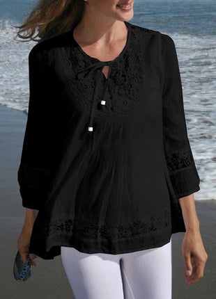 Cotton And Linen Stitching Lace 34 Sleeve Loose Women's Top T-shirt