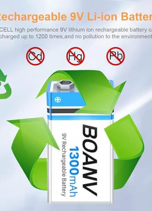 6 Pack 9V Rechargeable Batteries 1300mAh, 9V Rechargeable USB Lithium Long Lasting Battery, with 2 in 1 Charging Cable, for Smoke Detectors, Alarms, Keypad, Microphone