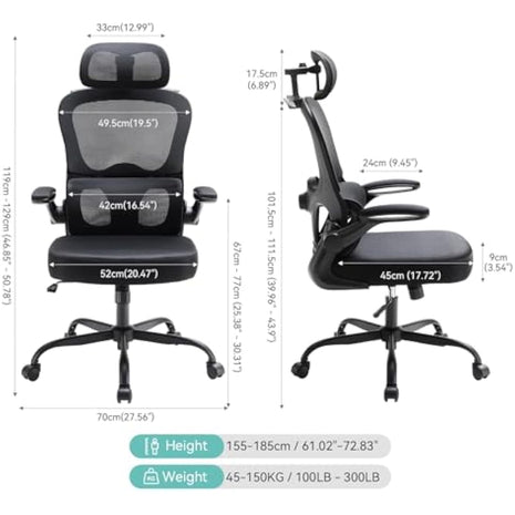 Aevoriax N56 Ergonomic Office Chair - Dual Backrest Design, Adjustable Lumbar Support, Thick Padded Seat, Flip-Up Armrests, Tilt Function - Ideal for Home Office, Gaming & Conference, Black