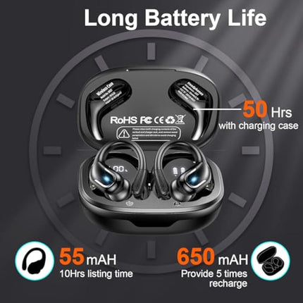 Wireless Earbuds, Ltinist Bluetooth 5.3 Headphones, Wireless Earphones 75H Playtime and HiFi Stereo Sound with Mic, Dual LED Display, IP7 Waterproof in Ear EarHooks, USB-C, Headsets for Sport, Running