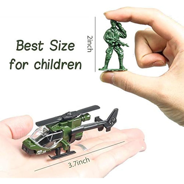 18 Pack Die-cast Military Vehicles Sets - 6 Pack Assorted Alloy Metal Models - 12 Pack Soldier Army Men, Mini Army Toy Tank, Panzer, Anti-Air Vehicle, Helicopter Playset for Boys