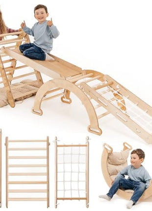 5-in-1 Indoor Climbing Frame for Toddlers - Wooden Triangle, Arch & Climbing Ramp & Net & Cushion, Montessori Climbing Frame, Kids Wooden Gym, Foldable Climbing Toys for Kids 1-5 Age