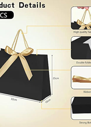 10pcs Gift Bag With Gold Ribbin Luxury Paper Party bag With Handles For Wedding Birthday Baby Shower Halloween Christams((32 * 25 * 10cm, Black)
