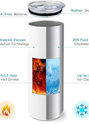 10 Pack Sublimation Tumblers Bulk, 20 oz White Skinny Straight Cups for Heat Press, Stainless Steel Double Wall Insulated Tumbler with Lids, Metal Straws, Shrink Wrap, Cleaning Brush, Individually Box