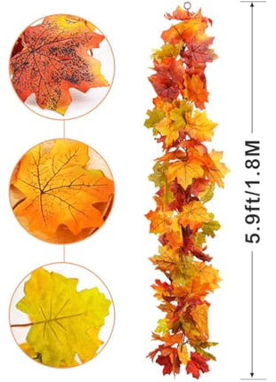 2 Pack Artificial Autumn Maple Leaves Vines Decorations, 5.9Ft/Piece Fall Leaf Garland Hanging Plant with Hooks, Thanksgiving Halloween Decor for House Garden Wall Doorway Fireplace Autumn Decoration