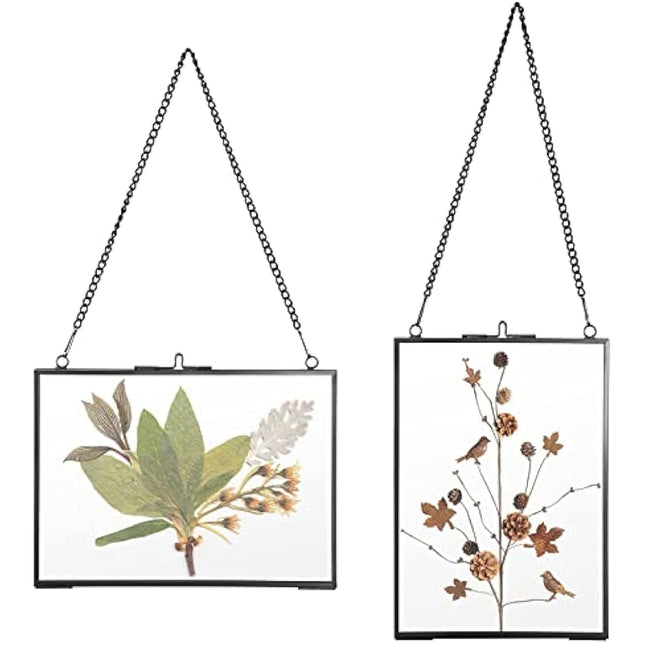 SUMTree Set of 2 Black Glass Hanging Photo Picture Display Frame, Floating Glass Picture Frame with Chain for Family Tree Mini Photo, Gallery Wall Art Work, Pressed Flower, collage, etc, 5 * 7 inch