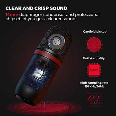 AUDIOPRO USB Microphone - Computer Condenser Gaming Mic for PC/Laptop/Phone/PS4/5, Headphone Output, Volume Control, USB Type C Plug and Play, LED Mute Button, for Streaming, Podcast, Studio Recording