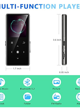 128GB MP3 Player with Bluetooth 5.2, AiMoonsa Music Player with Built-in HD Speaker, FM Radio, Voice Recorder, HiFi Sound, E-Book Function, Earphones Included