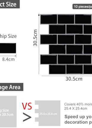 (10-Sheets) Peel and Stick Subway Tile Stickers, Self Adhesive Wall Tiles, Stick on Tile Splashback for Kitchen & Bathroom Black