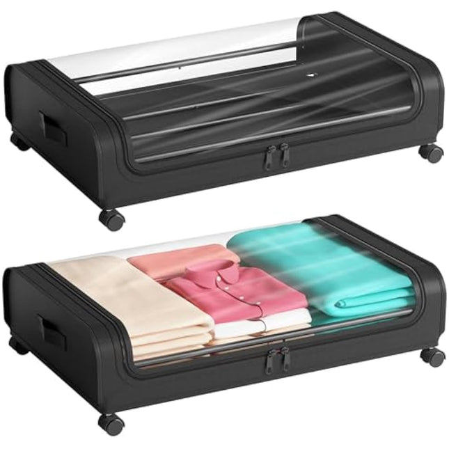 2 Pack Under Bed Storage with Wheels Lid 48L Rolling Metal Frame Underbed Containers Clear Window Storage Bag Box Organization Home Bedroom Organizer Drawer Bin for Clothes Shoes Toys Blankets Black