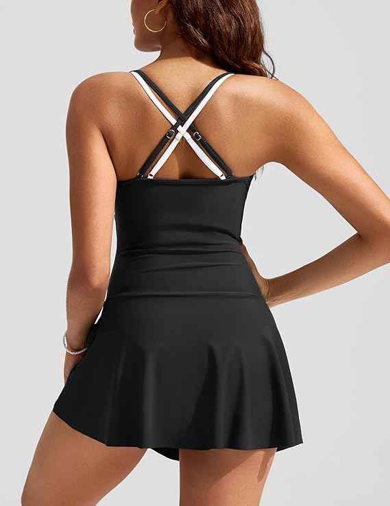 Women Swimsuit One Piece U-Neck Cross Skirted Size L Black
