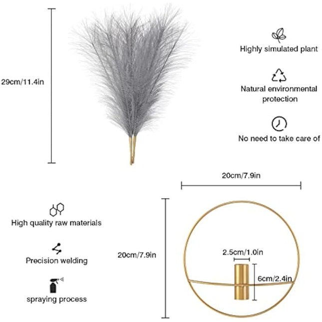 Pretty Jolly Wall Decor, Wall Metal vase Decoration Holder, Wall-Mounted Artificial Flowers, Golden Wall Decor Fake Pampas 2 Pack, Wall Art Artificial Greenery, Farmhouse, Boho