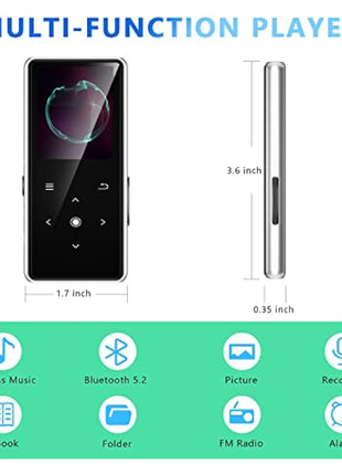 64GB MP3 Player with Bluetooth 5.2, AiMoonsa Music Player with Built-in HD Speaker, FM Radio, Voice Recorder, HiFi Sound, E-Book Function, Earphones Included