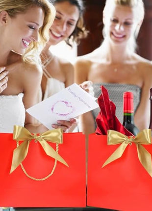 10pcs Gift Bag With Gold Ribbin Luxury Paper Party bag With Handles For Wedding Birthday Baby Shower Halloween Christams((32 * 25 * 10cm) (Red)