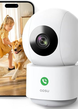 AOSU 2K WiFi Camera Indoor - Nanny Cam for Baby Room & Home, Plug-in, App Control, Pet Dog Monitoring, Motion Tracking, 360°View, 24/7 Recording, One-Touch Call, Two Way Audio