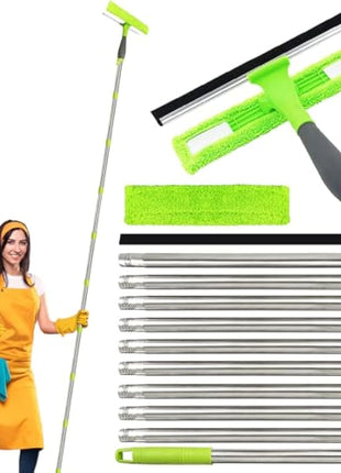 3.6 Meters Window Cleaning Kit Extra Long 2in1 Cleaner Equipment, Professional Window Squeegee Glass Cleaning Tool with Spare Microfiber Cloth Squeegee Strips, Screw-on Type