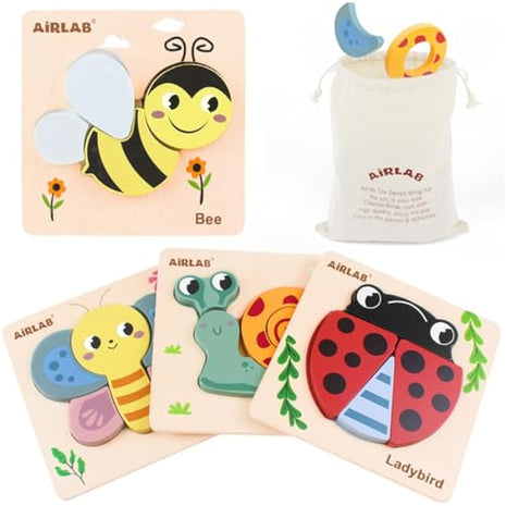 Airlab Wooden Jigsaw Puzzle for Kids, Garden Animals Chunky Shape Puzzles for Toddlers Over 1 2 3 Year Olds, Baby Montessori Preschool Educational Learning Toys for Girls Boys, Children Handmade Toys
