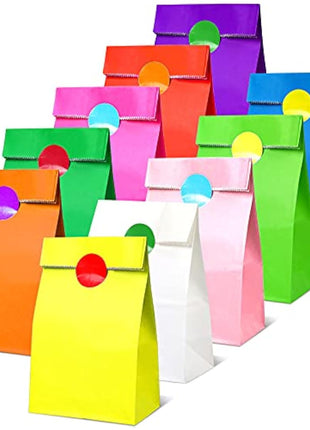 50 PCS Paper Party Bags for Kids, TOOELMON Multi-Color Kraft Paper Gift Bags Candy Goodie Treat Bags with 60 PCS Stickers for Halloween, Christmas, Birthday, Wedding Parties (130 * 80 * 240mm)