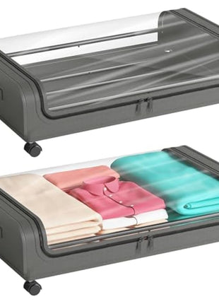 2 Pack Under Bed Storage with Wheels Lid 48L Rolling Metal Frame Underbed Containers Clear Window Storage Bag Box Organization Home Bedroom Organizer Drawer Bin for Clothes Shoes Toys Blankets Grey