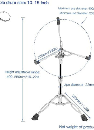 aleawol 10-15 Inch Snare Drum Stand, Double Braced Tripod Snare Stand Adjustable Height 16-22 Inch, Foldable Drum Pad Stand for Practice and Stage Performance