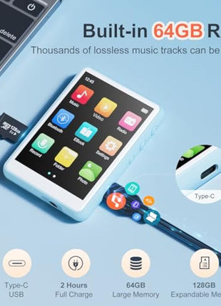 64GB MP3 Player with Bluetooth 5.3 - MECHEN 2.4" Full Touch Screen，Portable Digital HiFi Lossless Sound Music MP3 MP4 Player with Speaker，FM Radio，Line-in Recording，Earphones Included.