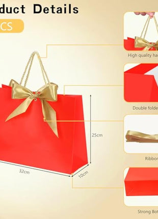 10pcs Gift Bag With Gold Ribbin Luxury Paper Party bag With Handles For Wedding Birthday Baby Shower Halloween Christams((32 * 25 * 10cm) (Red)