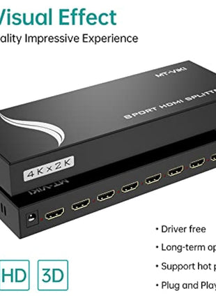 4K HDMI Splitter 1 in 8 out, 1 to 8 Distributor MT-VIKI 8 Way 1x8 For 8 Monitor HDTV CCTV 3D Supports EDID HDCP +UK Power Supply