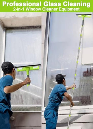3.6 Meters Window Cleaning Kit Extra Long 2in1 Cleaner Equipment, Professional Window Squeegee Glass Cleaning Tool with Spare Microfiber Cloth Squeegee Strips, Screw-on Type
