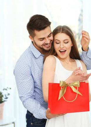 10pcs Gift Bag With Gold Ribbin Luxury Paper Party bag With Handles For Wedding Birthday Baby Shower Halloween Christams((32 * 25 * 10cm) (Red)