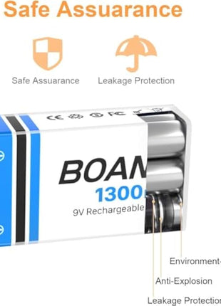 6 Pack 9V Rechargeable Batteries 1300mAh, 9V Rechargeable USB Lithium Long Lasting Battery, with 2 in 1 Charging Cable, for Smoke Detectors, Alarms, Keypad, Microphone