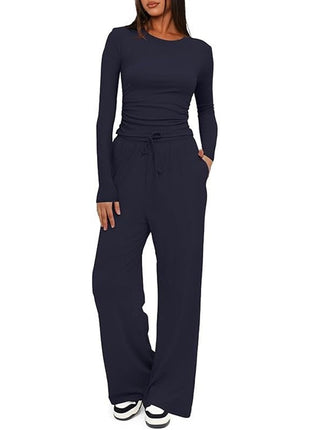 2 Pieces Women's Suit Autumn Winte Long Sleeve Tops High Waisted Wide Leg Pants Sportswear Female Clothes Solid Color Casual Suit