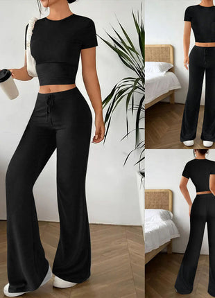 High Waist Pure Color Trousers Short Sleeve T-shirt Suit