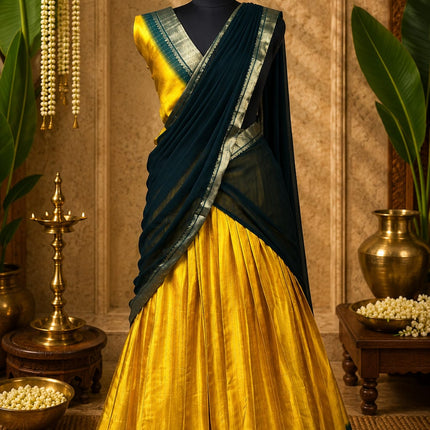 Mustard Yellow Silk Half Saree Lehenga Set | Dark Green Dupatta | Gold Zari Border | Unstitched Blouse | One Size | Made in Kerala
