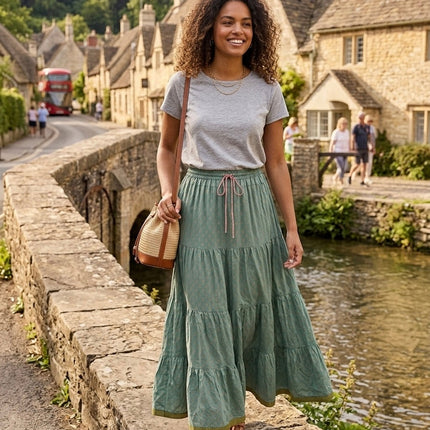 Blackfever Women's Sage Green Maxi Skirt - 100% Cotton with Gold Print