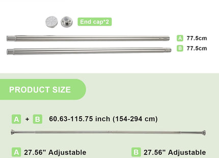 Stainless Steel Shower Curtain Rod 160–270cm Extendable No Drill Tension Pole