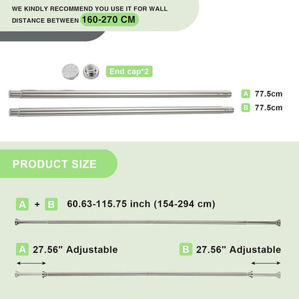 Stainless Steel Shower Curtain Rod 160–270cm Extendable No Drill Tension Pole