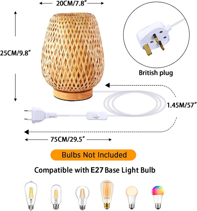 Schindora Boho Bamboo Table Lamp – Handmade Wicker Bedside Light