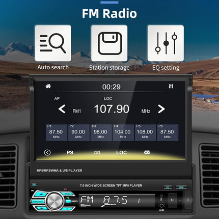 Single Din 7'' Touch Screen Car Stereo w/ CarPlay, Bluetooth, Android Auto, Camera