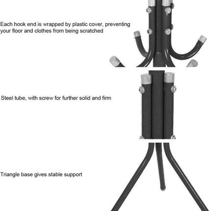Steel Standing Coat Rack – 12 Hooks, Triangle Base, 68.5in Tall – Black