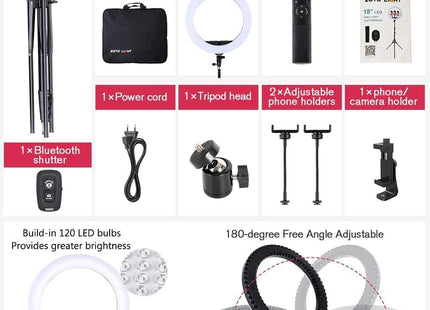 EOTO 18'' LED Ring Light w/ Tripod Dimmable Makeup Light for Studio & Vlog CRI 90