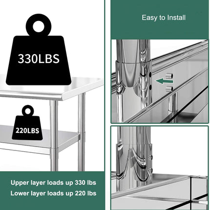 Stainless Steel Kitchen Work Table with Undershelf 90x60x85cm 250KG Nisorpa