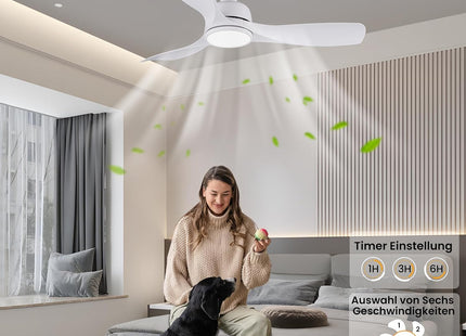 CJOY 42" White Ceiling Fan with Light & Remote, 3 Blades, Quiet DC Motor, Timer