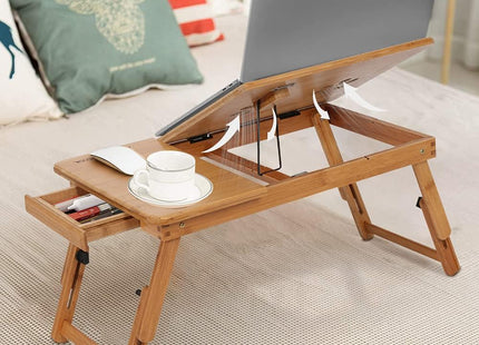 Bamboo Laptop Desk Adjustable Bed Tray with Drawer Cup Slot and Vent Ejoyous