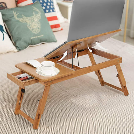 Bamboo Laptop Desk Adjustable Bed Tray with Drawer Cup Slot and Vent Ejoyous