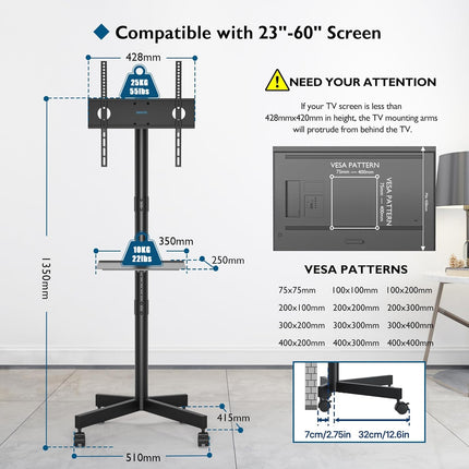 Mobile TV Stand on Wheels 23 to 60 Inch Height Adjustable Shelf BONTEC
