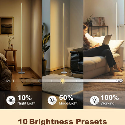 TACAHE Silver Corner Floor Lamp – Dimmable LED Mood Light with Remote, 57"