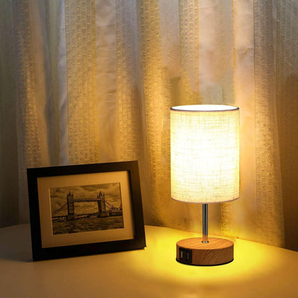 Lightess 2x Touch Bedside Lamps with USB, E14 Bulbs, Fabric Shade – Wood Round